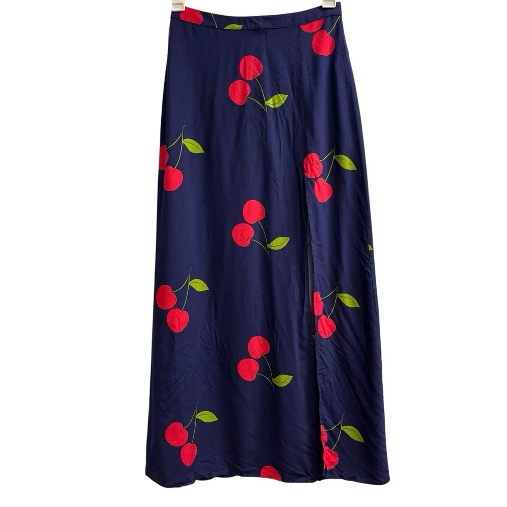 Forever 21 Y2K Skirt Womens M Cherry Print Maxi‎ High Slit Retro Festival Rave